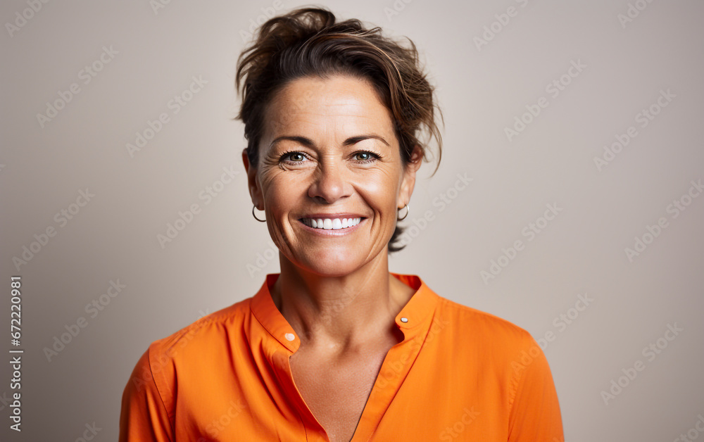 A middle aged smiling woman isolated on light grey background A middle aged smiling woman isolated on light grey background