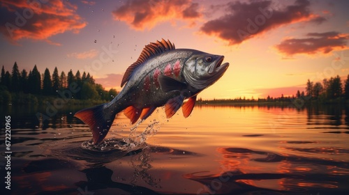 A fish jumps and splashes in a lake or pond. Fishing concept