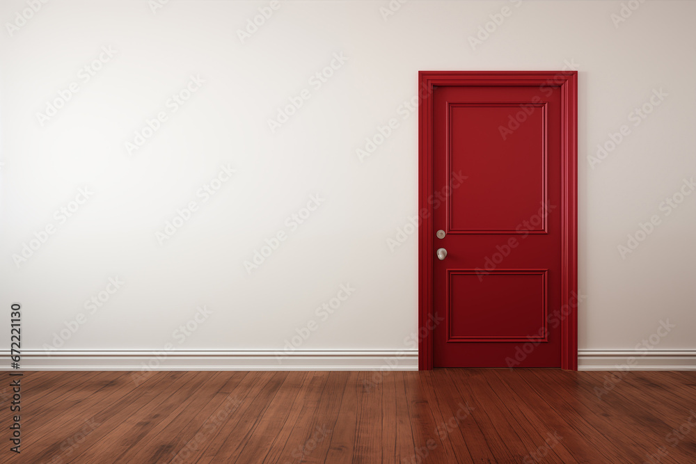red door in a white room with wooden floor