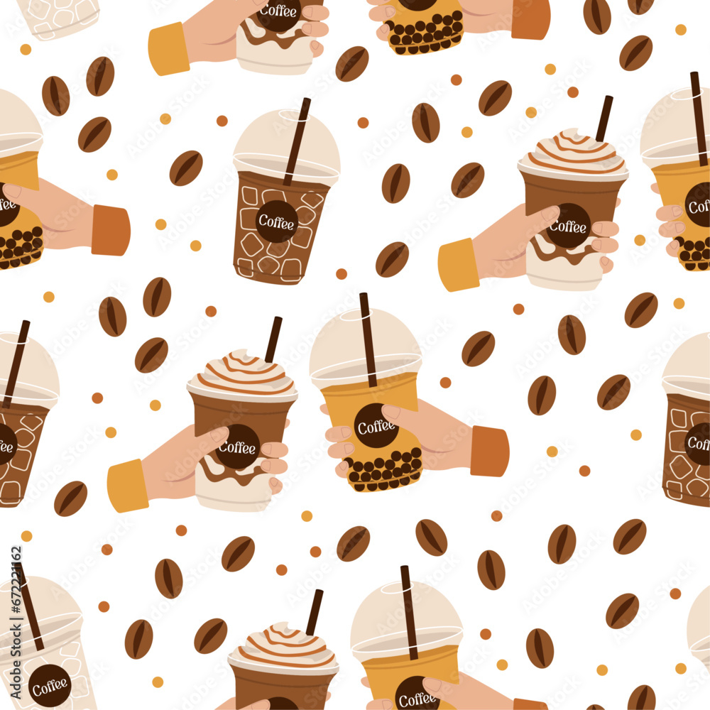 Seamless pattern with cold coffee, matcha or other drinks. Coffee beans. Vector graphic.