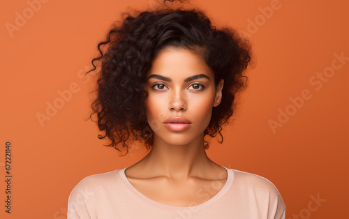 Portrait of a Young Woman with Voluminous Curly Hair on Orange Background. Beauty and Skincare.