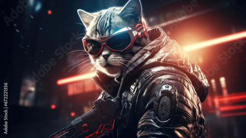 Cyberpunk Cat A Futuristic and Edgy Feline with AR Goggles and a Knife © Graphics.Parasite