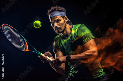 Man tennis player with tennis racket in his hand in action pose © jambulart