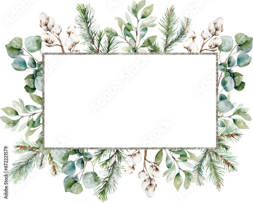 Watercolor Christmas Horizontal silver frame of fir, cotton, eucalyptus, spruce branches. Hand painted winter plants. Template space for text, message, sign for greeting cards, invitation, wedding