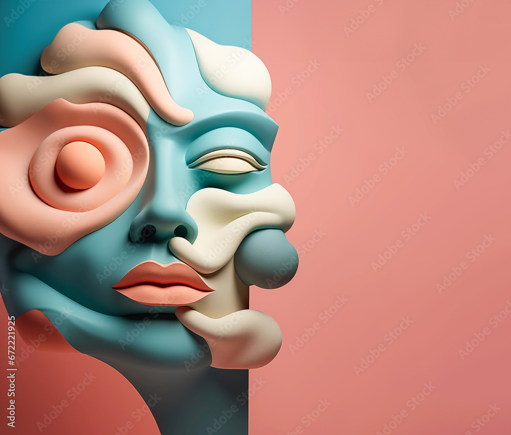 Abstract female face made of various stone shapes. Elegant pastel background. Ai generated image