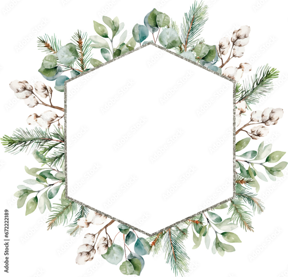 Naklejka premium Watercolor silver Christmas frame with fir branches, leaves, pine, cotton. Winter greenery banner for christmas card. Greeting cards, invitation, celebration, wedding, party