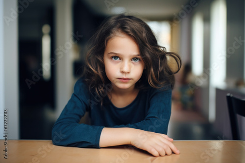 jeune fille de face appuyée sur une table en bois regardant l'objectif © Sébastien Jouve