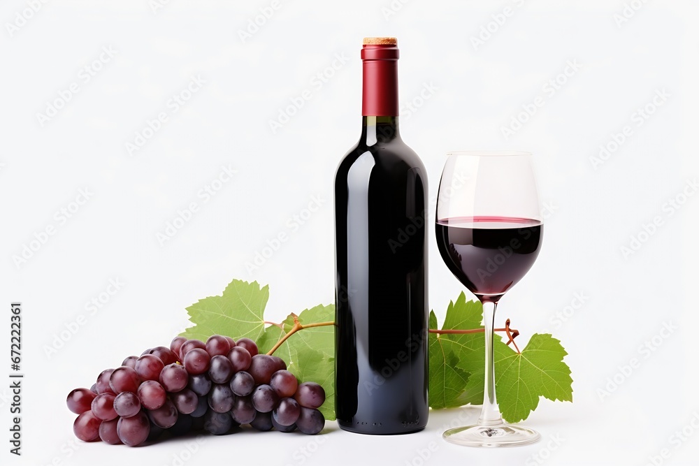 Generative AI : Red wine bottle with wine grapes isolated on white background.
