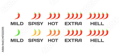 Spicy icons mild, spicy, hot, extra, hell. Flat, red, hot pepper mild, spicy, hot, extra, hell. Vector icons
