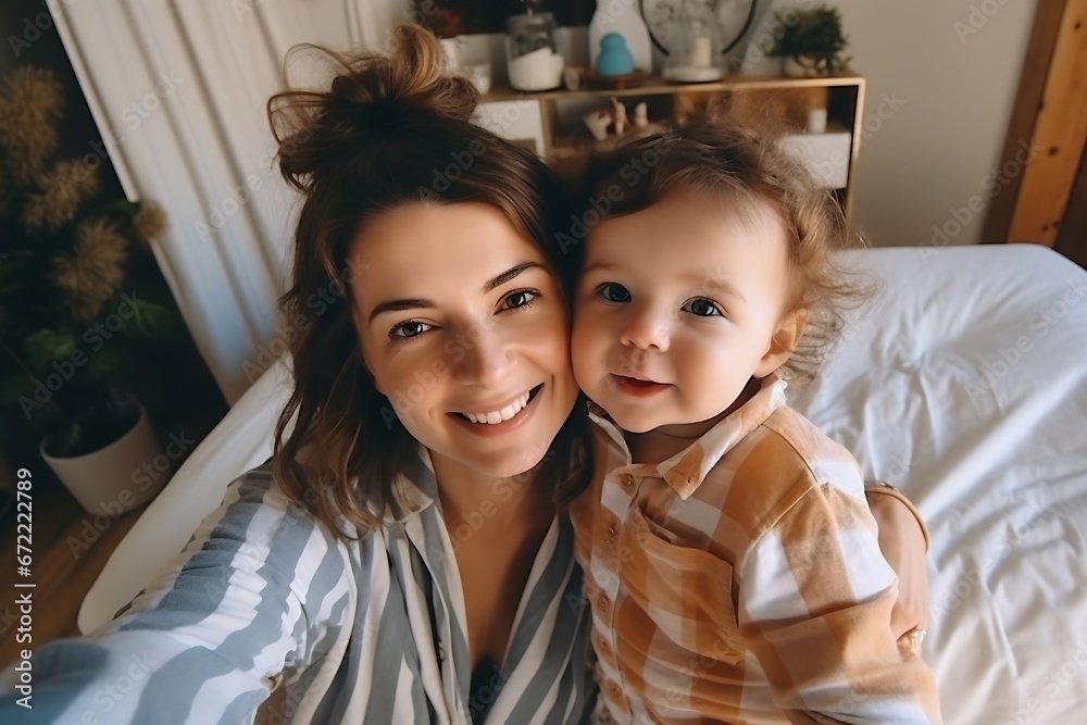 Generative AI : Young parents having fun with their son on bed at home.Family Generative AI : Young parents having fun with their son on bed at home.Family