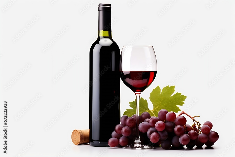 Generative AI : Red wine bottle with wine grapes isolated on white background.