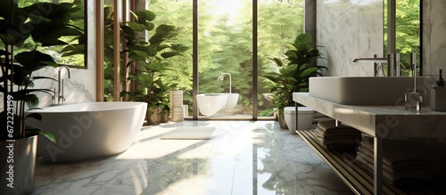 Interior design wooden bathroom, White tub and green plants. AI generated image © saifur