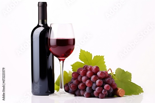 Generative AI   Red wine bottle with wine grapes isolated on white background.