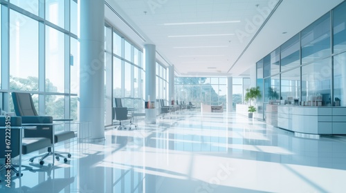 hall of modern office or medical institution in hospital  blurred background with trees and city