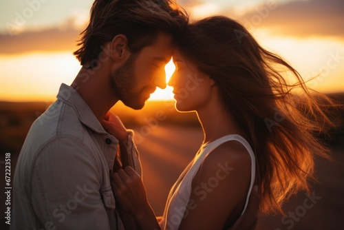 Young couple kissing in romance at sunset view photo