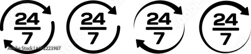 24/7 icons. Silhouette, black, arrows in a circle, 24/7 icons. Vector icons
