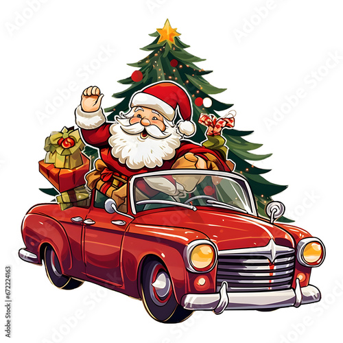 Santa Claus with car and gifts for decorations. cartoon on Christmas and New Year gift concept.