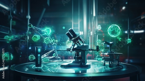 Rendering Microscope with chemical tube and glassware in laboratory. AI generated image photo