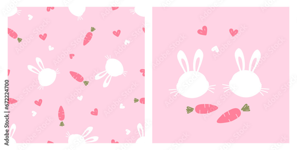 Seamless pattern with bunny rabbit cartoon, hand drawn heart and carrot on pink background vector illustration. Cute childish print. Seamless pattern with bunny rabbit cartoon, hand drawn heart and carrot on pink background vector illustration. Cute childish print.