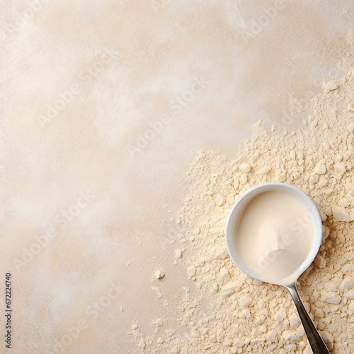 Collagen powder and spoon on beige stone background top view minimal composition, copy space