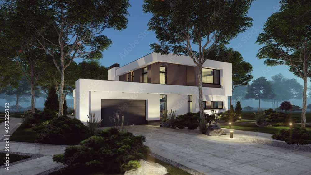 4K video rendering of modern cozy house with pool and garage for sale or rent in luxurious style and beautiful landscaping on background. Summer night with stars in sky. 4K video rendering of modern cozy house with pool and garage for sale or rent in luxurious style and beautiful landscaping on background. Summer night with stars in sky.
