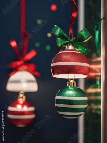 a close-up of two shin Christmas lights, one green, with a half-red ball on top and one half-white on top, both with a  bow, hanging with a navy blue on the background, , Generated by AI