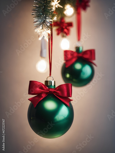 a close-up of two green Christmas balls with a red bow on a white background, Christmas decoration, generated by AI