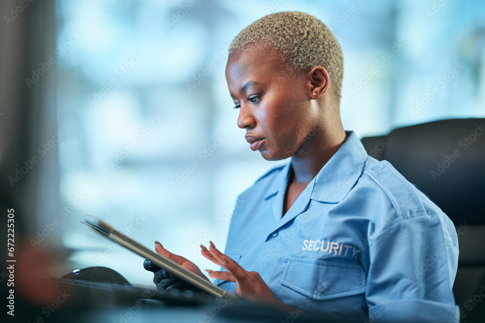 Security, working and black woman with tablet at a desk for communication, cctv app or building monitor. Digital, reading and an African safety officer typing on technology for a surveillance system - obrazy, fototapety, plakaty 