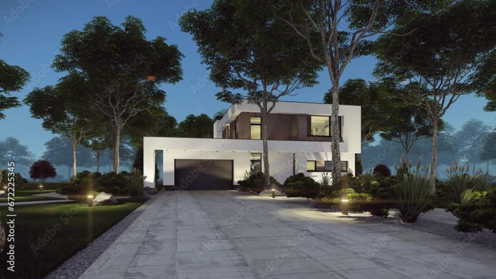 4K video rendering of modern cozy house with pool and garage for sale or rent in luxurious style and beautiful landscaping on background. Summer night with stars in sky. 4K video rendering of modern cozy house with pool and garage for sale or rent in luxurious style and beautiful landscaping on background. Summer night with stars in sky.