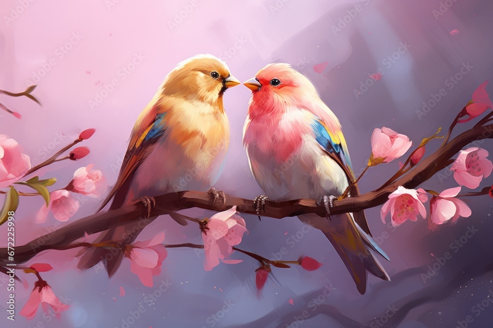 Couple of finch birds in romance on a branch.