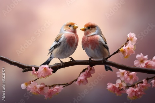 Couple of finch birds in romance on a branch. © ant