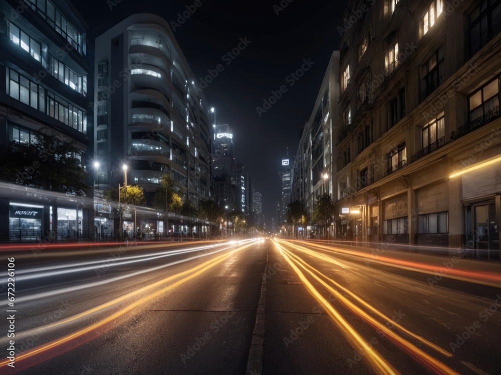 Blurred motion of city street illuminated buildings at night. AI Generative