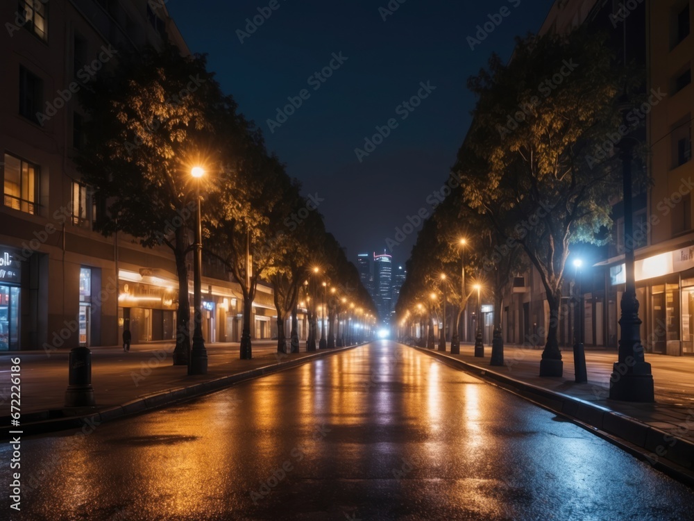 Blurred motion of city street illuminated buildings at night. AI Generative
