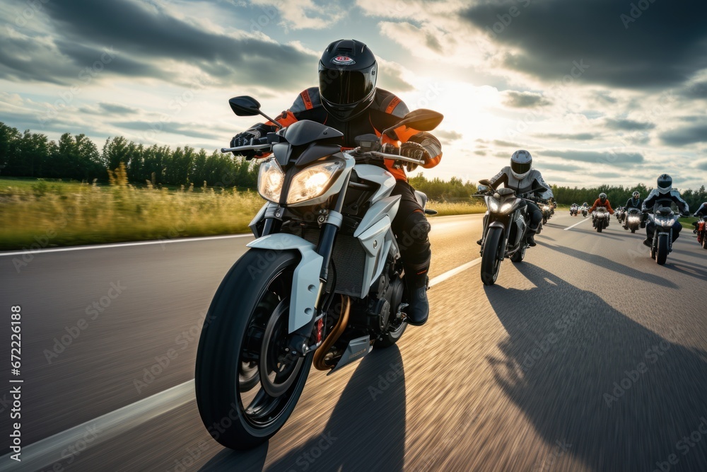 A group of motorcyclists ride motorcycles together on an empty road. A group of motorcyclists ride motorcycles together on an empty road.