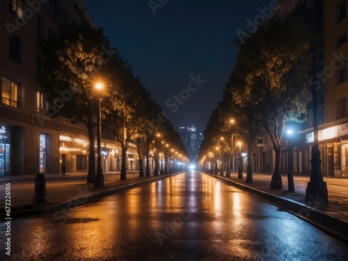 Blurred motion of city street illuminated buildings at night. AI Generative