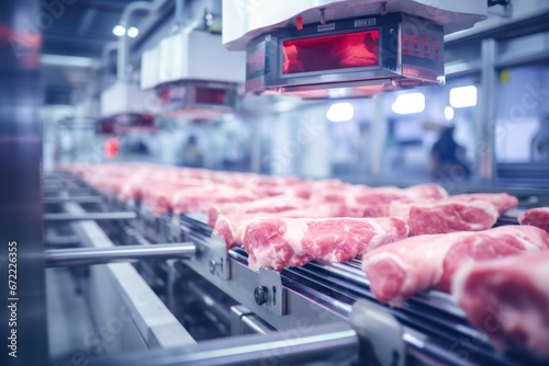 Production of fresh meat on a conveyor belt in a factory