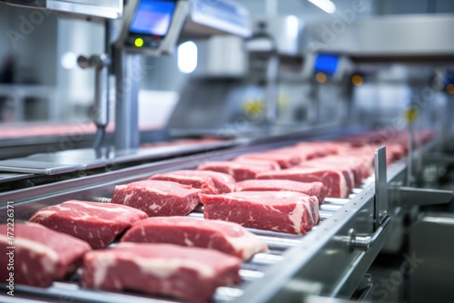 Production of fresh meat on a conveyor belt in a factory