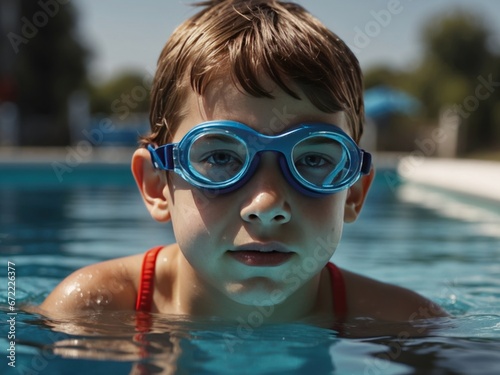 Boy in the pool with swimming goggles. AI Generative