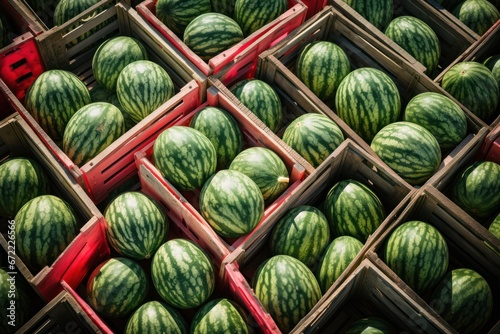 Top view of wooden crates with ripe watermelon photo
