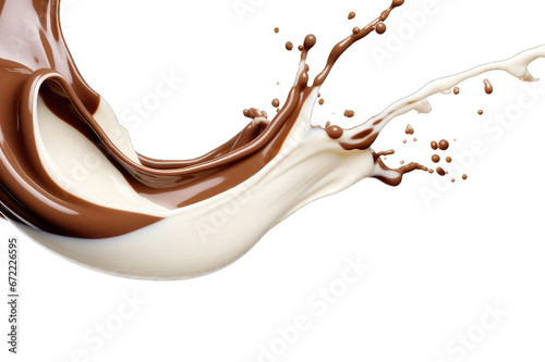 Milk splash isolated on transparent background. Splash of chocolate and white milk flow mixed
