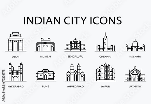 A beautiful, simple, and uniform line icon of the best cities in India set of landmarks and monuments