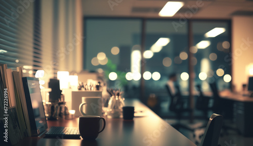 Blurr office space with a desk, computer, coffee mug, and bookshelf, overlooking a city at night, blurred office background
