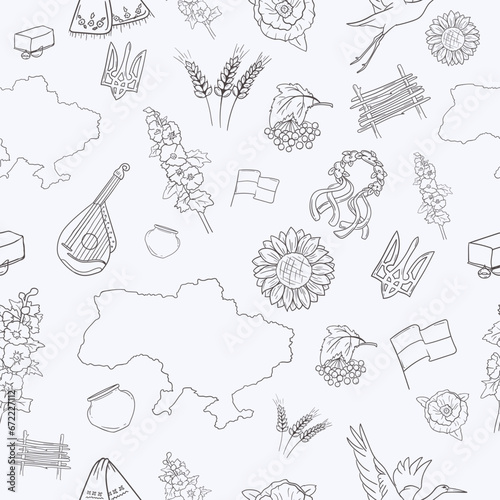 Seamless vector pattern with elements and symbols of Ukraine on light background