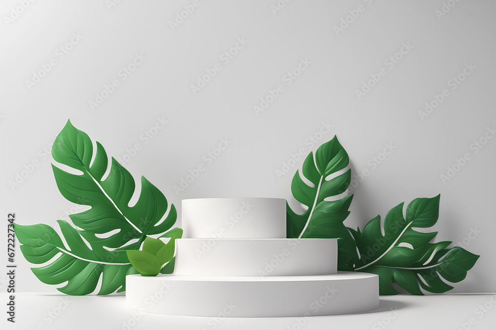 stone podium for products display with nature leaves on bright background 