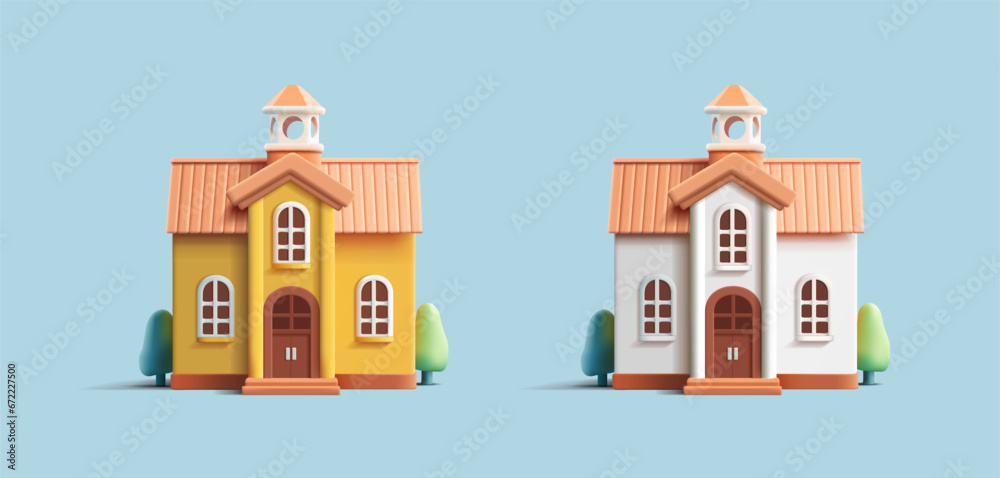 3d render illustration of a classic suburban mansion front view, render icon in two colors
