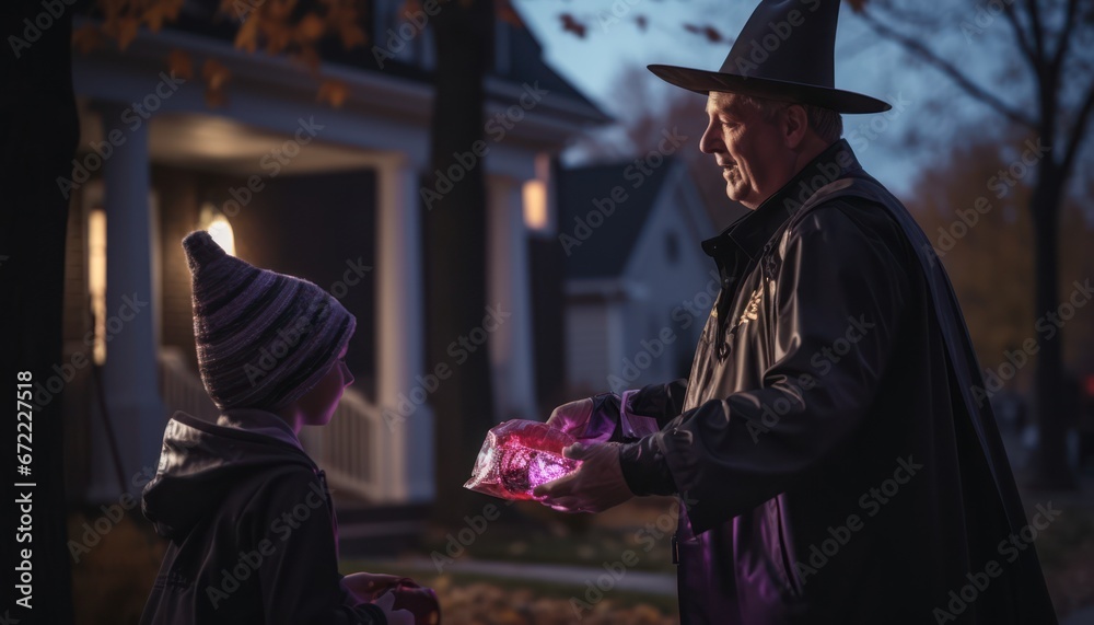 Photo of a Generous Man in a Witch's Hat Gifting Sweet Treats to a Delighted Young Girl