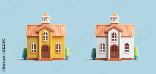 3d render illustration of a classic suburban mansion front view, render icon in two colors