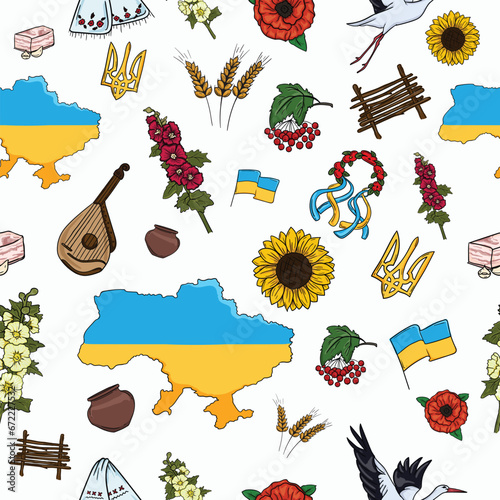 Bright seamless vector pattern with elements and symbols of Ukraine on light background