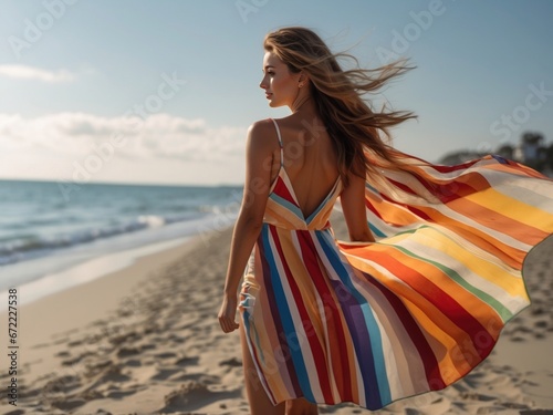 Girl colorful strips dress at beach on sunny day. AI Generative