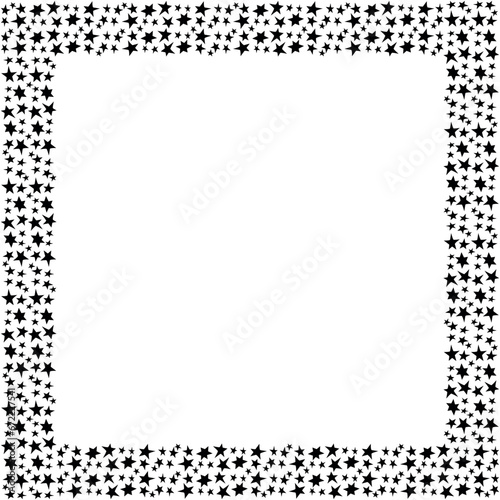 Square frame, border from small black stars isolated on white background in flat style. Vector design element. Theme of astronomy, space, victory, holidays